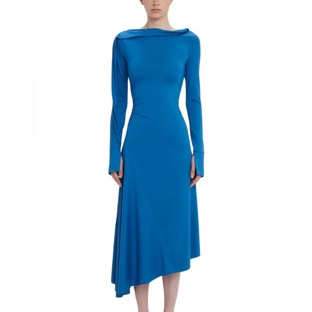 Victoria Beckham Ocean Blue Long Sleeve Draped Jersey Midi Dress